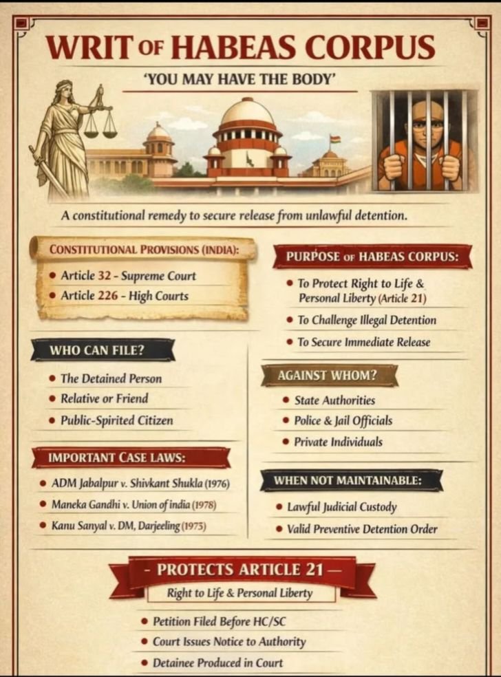 Writ of Habeas Corpus, habeas corpus India, illegal detention, Article 226, Supreme Court cases, constitutional remedy