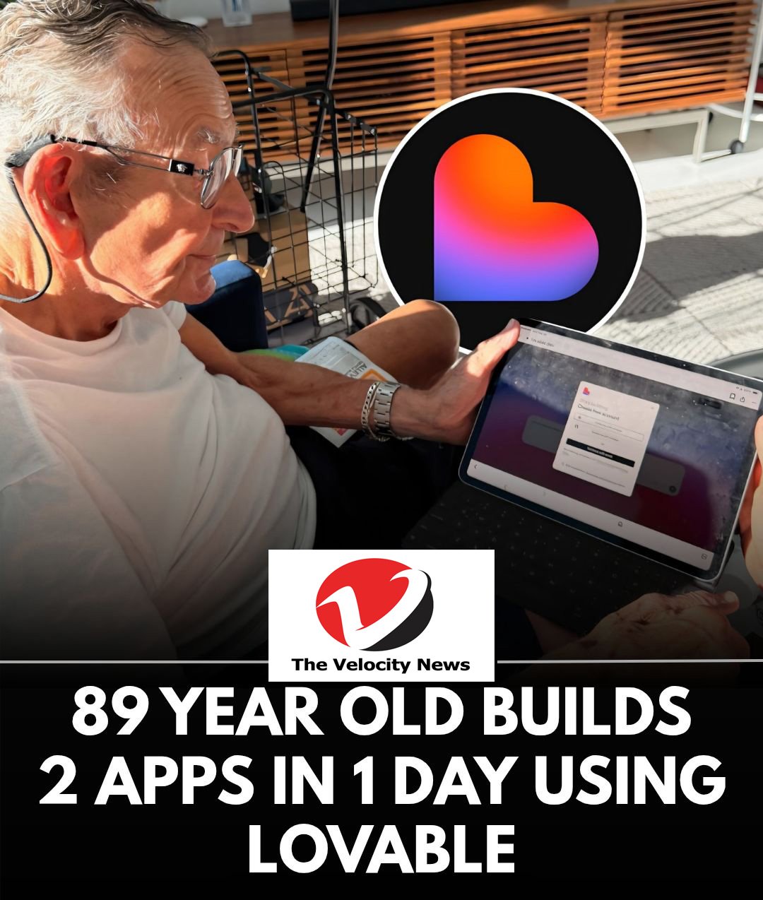 89-year-old man smiling while using AI tool Lovable to build apps on computer, symbolizing lifelong learning and tech innovation 89-year-old man smiling while using AI tool Lovable to build apps on computer, symbolizing lifelong learning and tech innovation