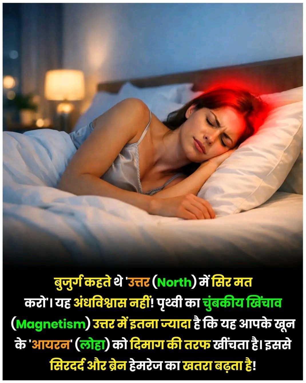 Illustration of Earth magnetic field affecting human sleep with head towards north direction

