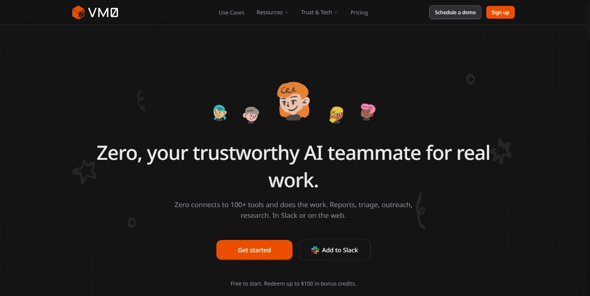 VM0 homepage showing Zero AI teammate for work automation across Slack, research, reporting, outreach, and integrations VM0 homepage showing Zero AI teammate for work automation across Slack, research, reporting, outreach, and integrations